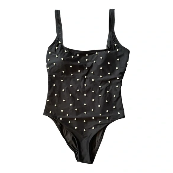 #189, Antonio Melani black one piece swimsuit with white pearl buttons, size L - Picture 1 of 3